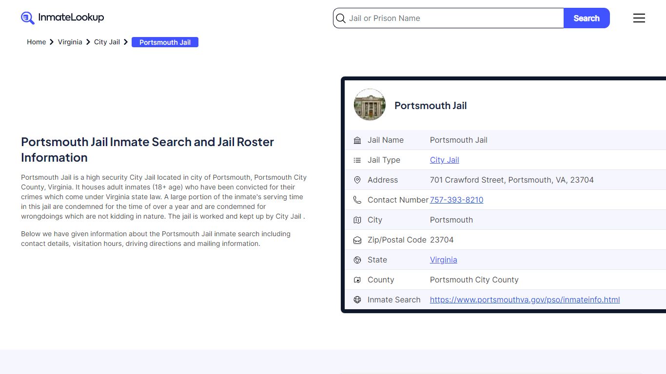 Portsmouth Jail Inmate Search and Jail Roster Information - Inmate Lookup